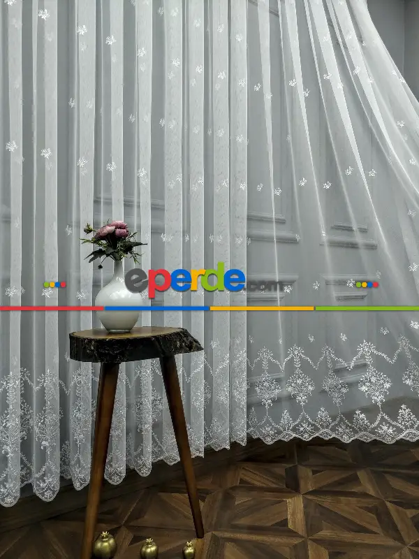 Salon Tül Perde - Grek Brode İşlemeli Yüksek Nakış Kaliteli Yeni Sezon Ürün- Ekru