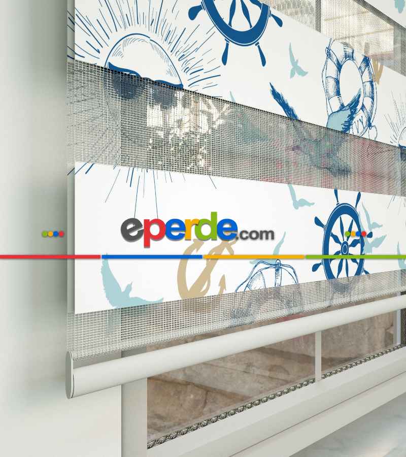 Denizci Desenli Baskılı Zebra Perde- Mavi-çok Renkli-camel