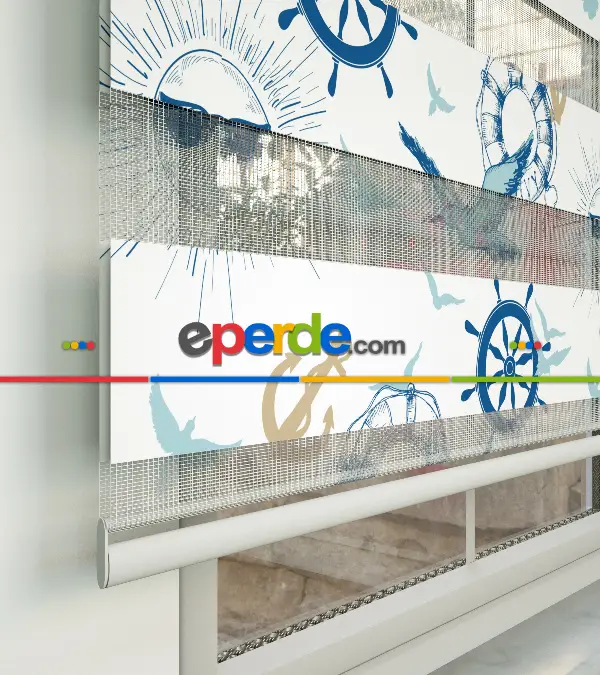 Çocuk Odası Zebra - Denizci Desenli Baskılı Zebra Perde- Mavi-Çok Renkli-Camel