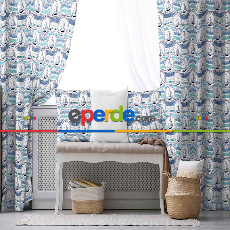 Yelken Desenli Fon Perde Evim791 Kumaşı Kalındır Duck Bezi Değildir- Mavi-beyaz