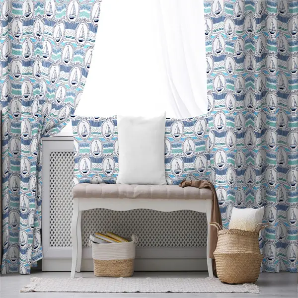 Çocuk Odası - Yelken Desenli Fon Perde Evim791 Kumaşı Kalındır Duck Bezi Değildir- Mavi-beyaz