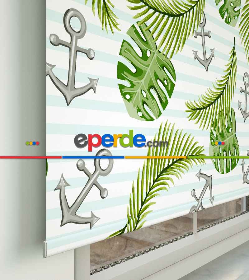 Çapa Desenli Baskılı Stor Perde- Yeşil-mavi-gri-füme-antrasit-çok Renkli