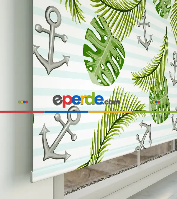 Çapa Desenli Baskılı Stor Perde- Yeşil-mavi-gri-füme-antrasit-çok Renkli