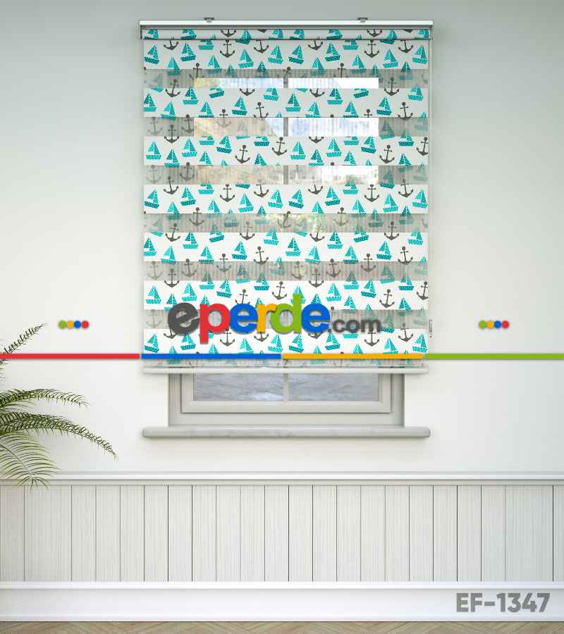 Bebek Odası Zebra Perde - Çapa Ve Gemi Desen Baskılı Zebra Perde- Yeşil