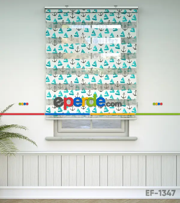 Bebek Odası Zebra Perde - Çapa Ve Gemi Desen Baskılı Zebra Perde- Yeşil