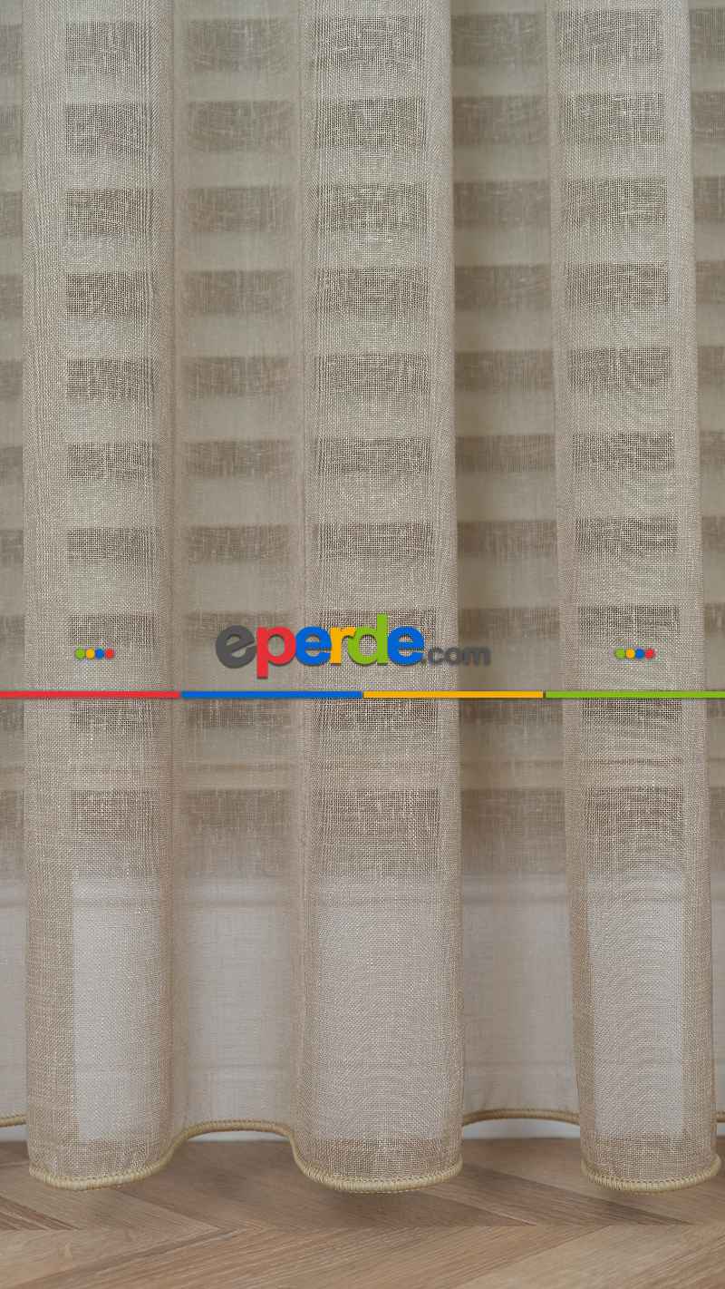 Keten Ekru Bej Degrade Geçişli Tül Perde, Ağır Gramajlı Premium Seri, Eteği Kurşunlu