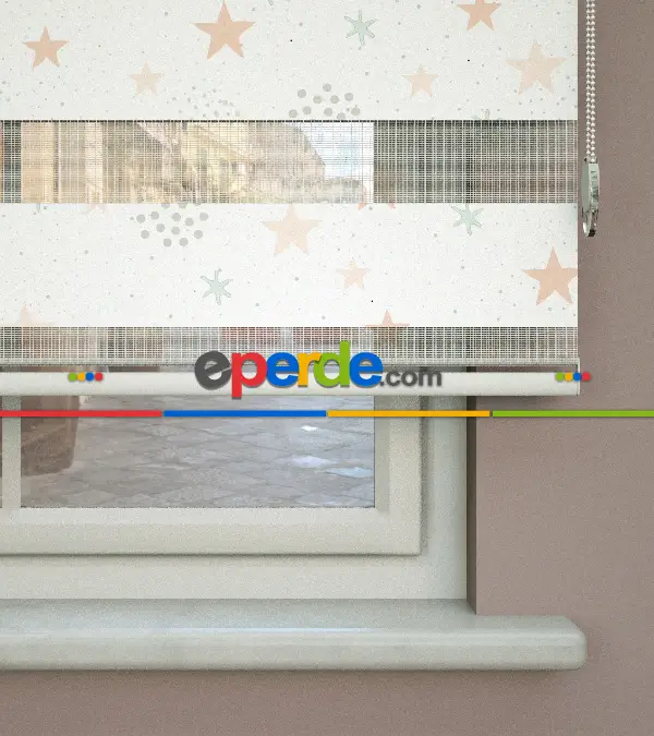 Yavruağzı Ve Su Yeşili Yıldız Desenli Baskılı Zebra Perde