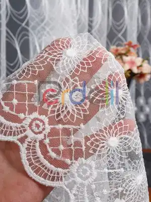 Şeritli Papatya Nakış İşlemeli Brode Tül Perde
