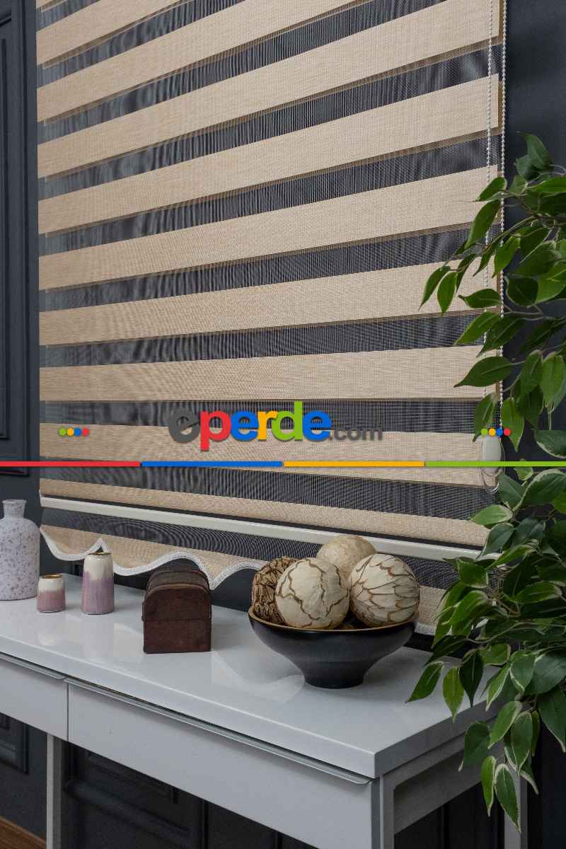 110x200 Hazır Koyu Krem Bambu Zebra Perde