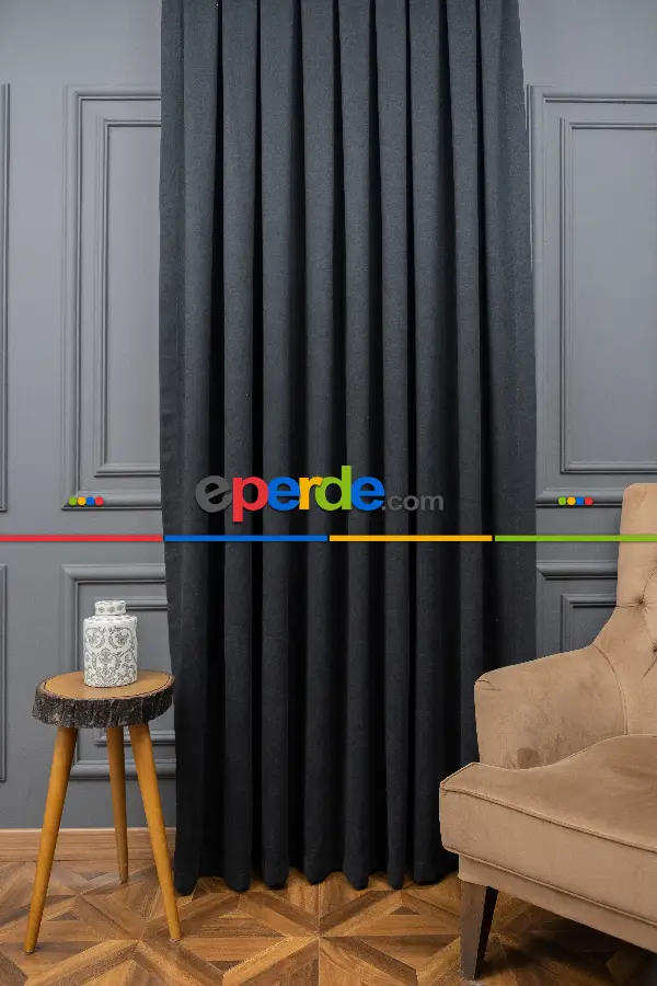 Salon - Siyah Düz Fon Perde En  Dökümlü Fon Perde