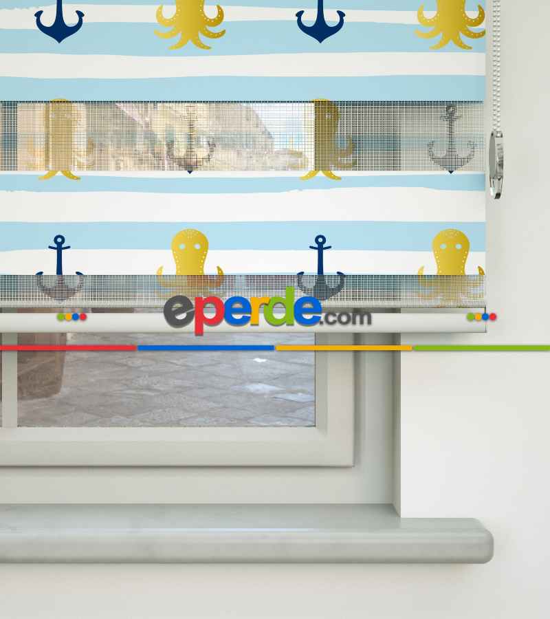 Çocuk Odası Zebra Perde - Çapa Baskılı Zebra Perde- Lacivert-Mavi-Sarı-Beyaz