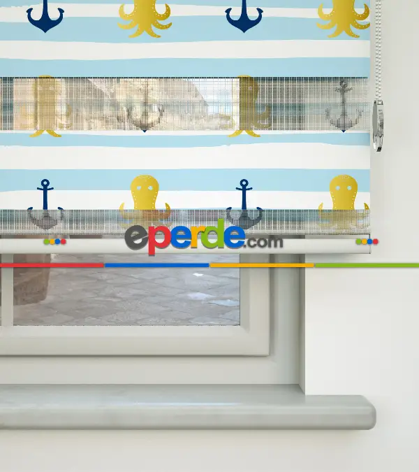 Bebek Odası Zebra Perde - Çapa Baskılı Zebra Perde- Lacivert-Mavi-Sarı-Beyaz