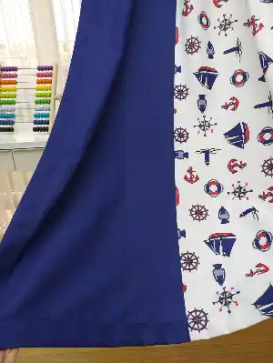 İki Renkli Çocuk Odası Fon Perde Denizci Çapa Desenli Kombinli- Mavi-Bordo