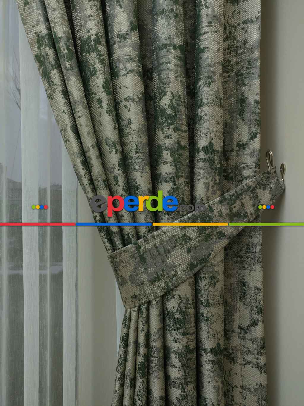 Bej Koyu Yeşil Desenli Jakar Fon Perde (180)- Yeşil Koyu Yeşil