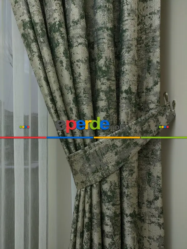 Bej Koyu Yeşil Desenli Jakar Fon Perde (180)- Yeşil Koyu Yeşil