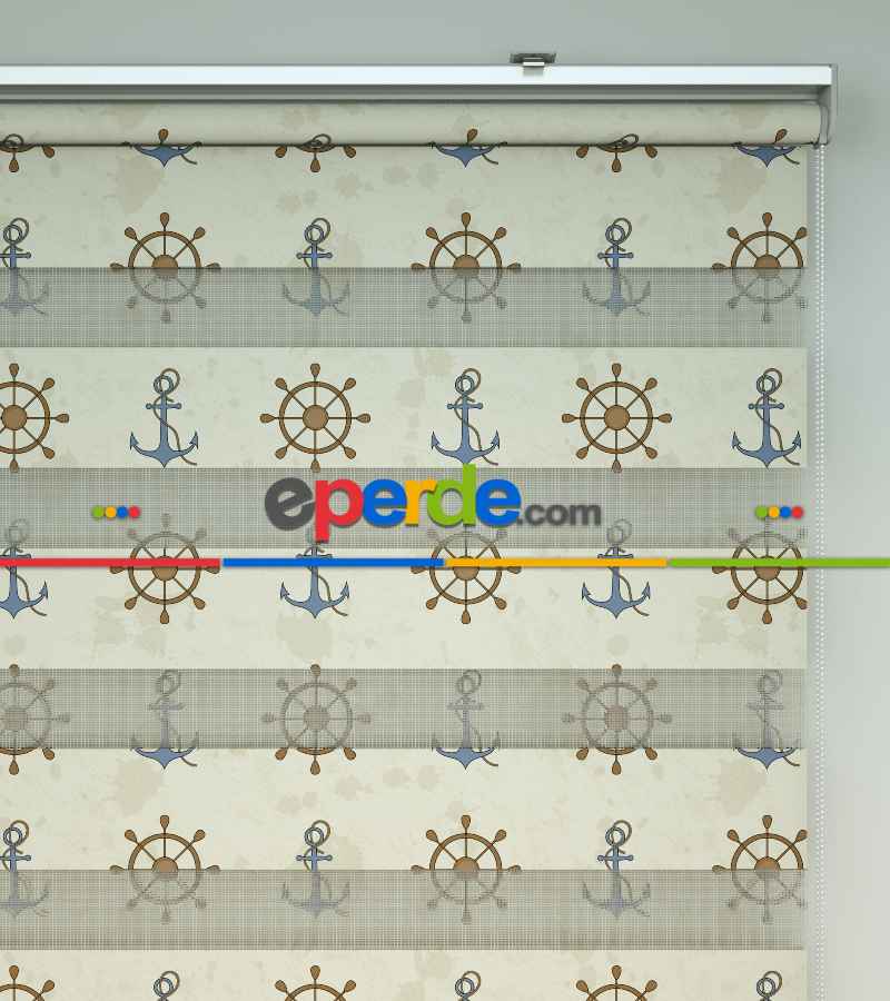 Dümen Ve Çapa Baskılı Zebra Perde- Mavi-kahve Açık-kahve