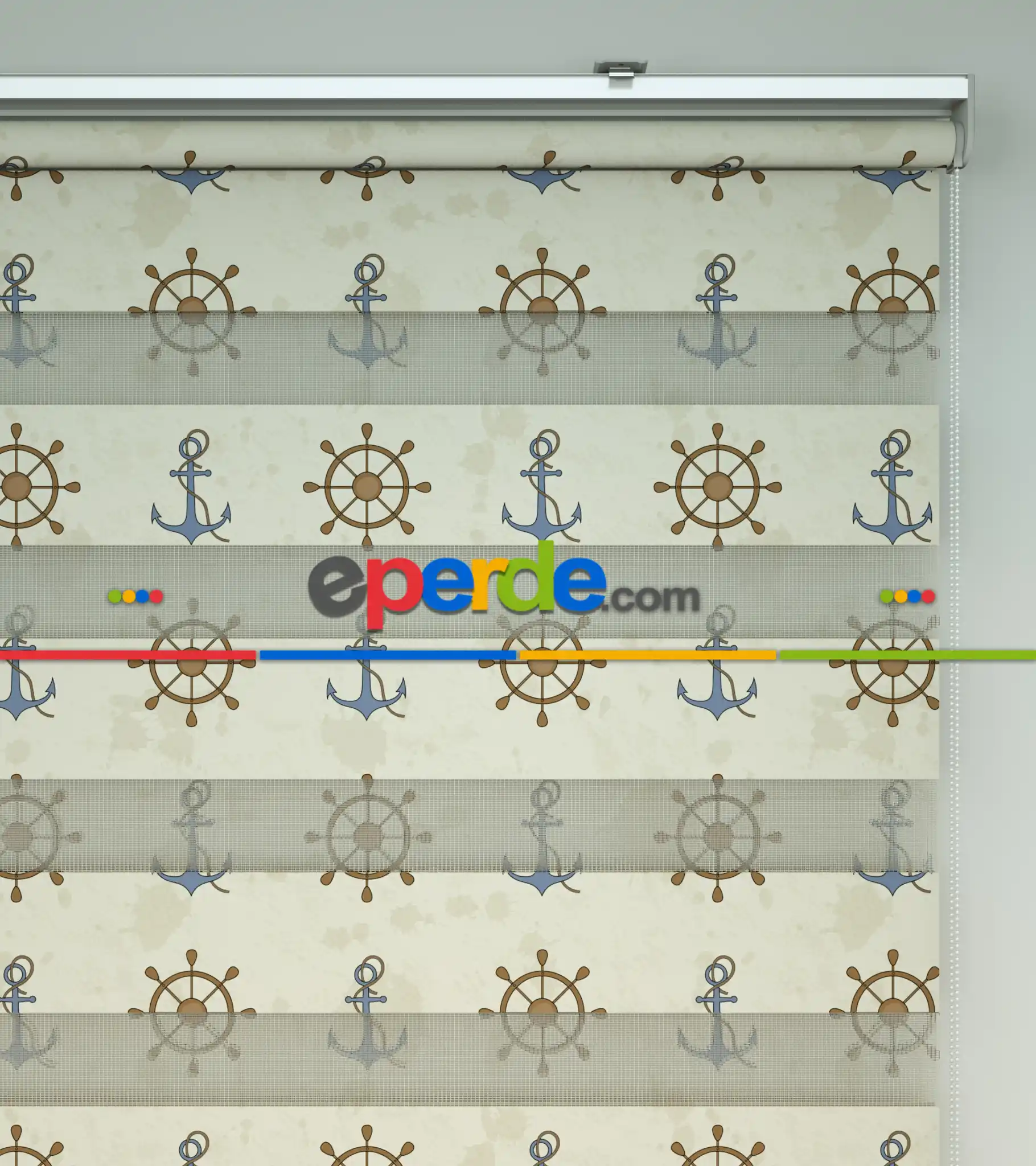 Bebek Odası Zebra Perde - Dümen Ve Çapa Baskılı Zebra Perde- Mavi-Kahve Açık-Kahve