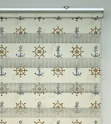 Bebek Odası Zebra Perde - Dümen Ve Çapa Baskılı Zebra Perde- Mavi-Kahve Açık-Kahve