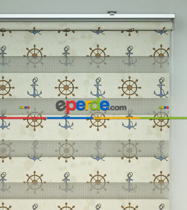 Bebek Odası Zebra Perde - Dümen Ve Çapa Baskılı Zebra Perde- Mavi-Kahve Açık-Kahve