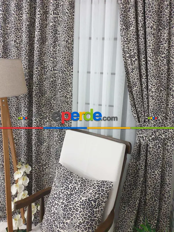 Leopar Desenli Baskılı Fon Perde - Kampanyalı Kaliteli Ürün-  Çok Renkli 3