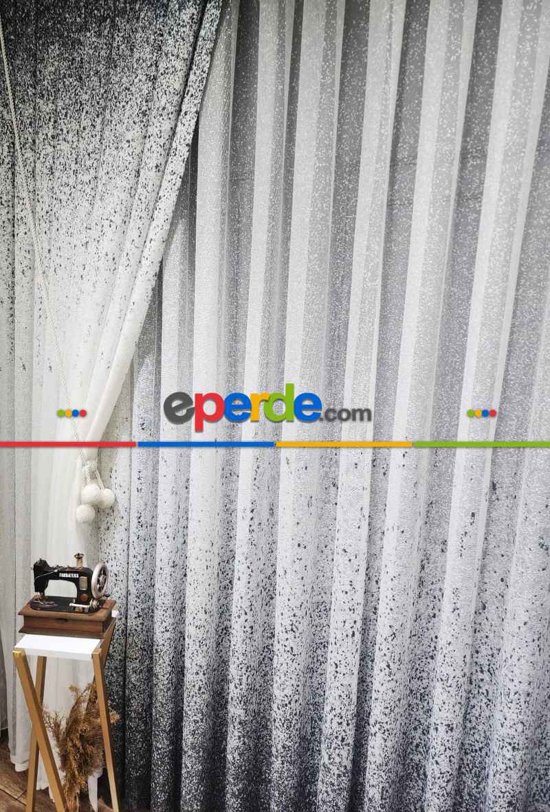 Mutfak - Üsten Dikim Renkli Gri-füme Püskürtme Tül Fon Perde