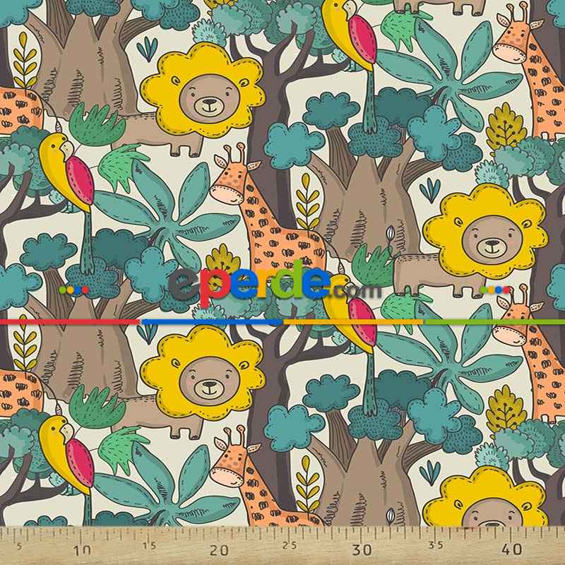 Tropikal Orman Ve Hayvan Desenli Fon Perde Evm690 Kumaşı Kalındır Duck Bezi Değildir- Yeşil