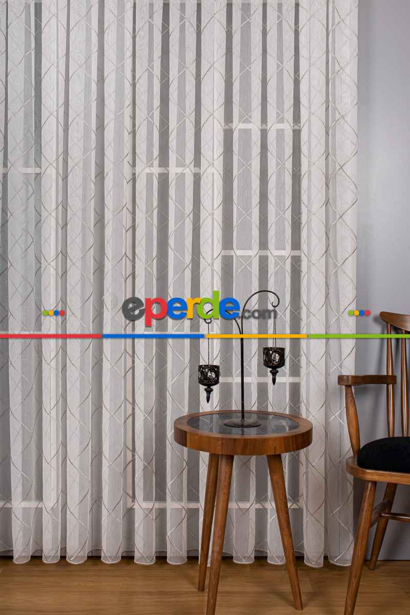 Salon Tül - Geometi Nakış Işlemeli Tül Perde Ekru - Gümüş Simli