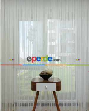 Çizgili Beyaz Tül Perde- Ekru - Kurşunlu Tül