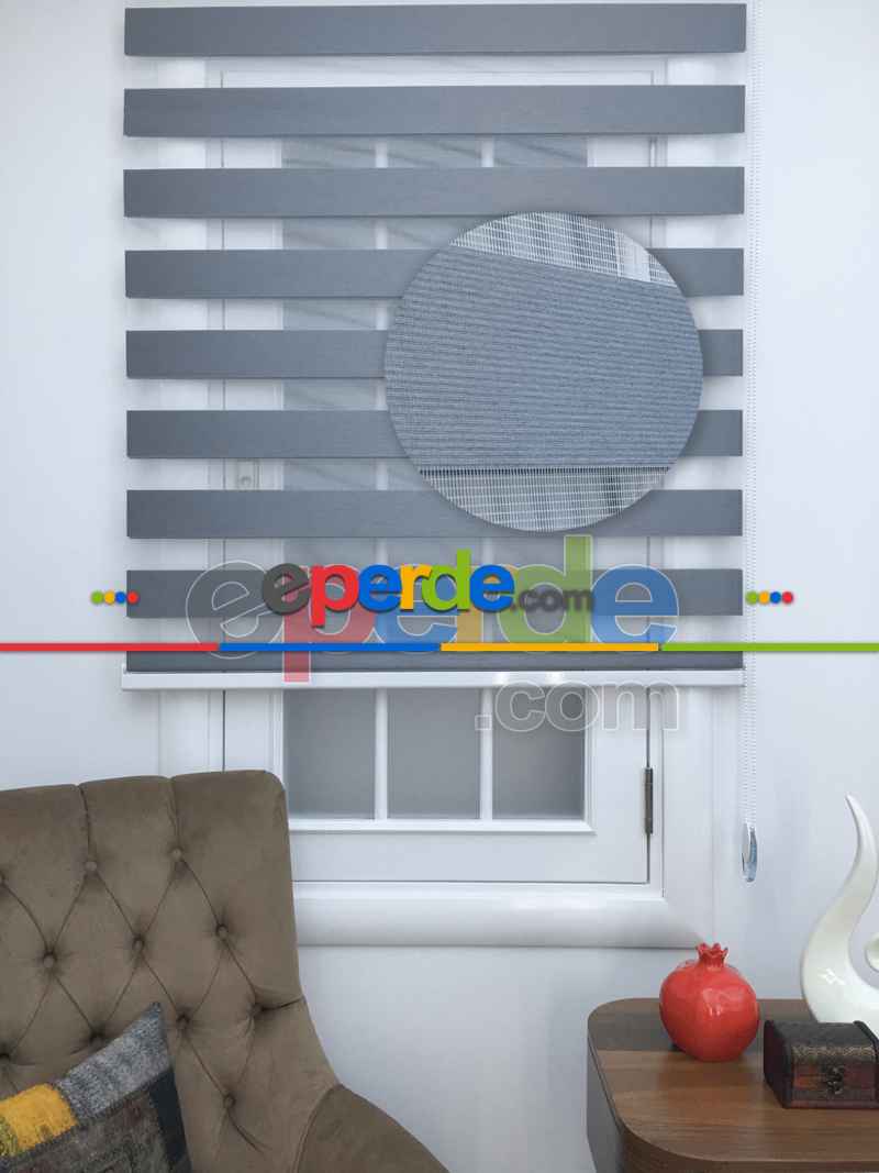 New Gri Düz Bambu Kalın Dokulu Zebra Perde- Füme