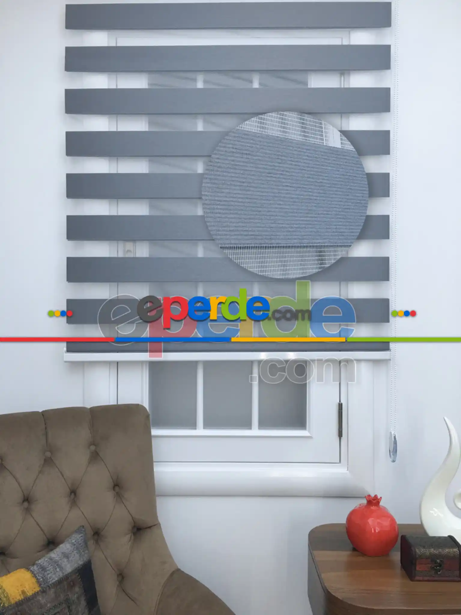 New Gri Düz Bambu Kalın Dokulu Zebra Perde- Füme