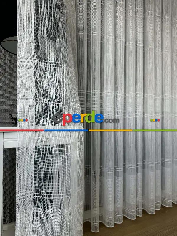 Yatak Odası Ekru Zincir Çizgili Desen Tül Perde - Yüksek Kalite Kurşunlu Tül