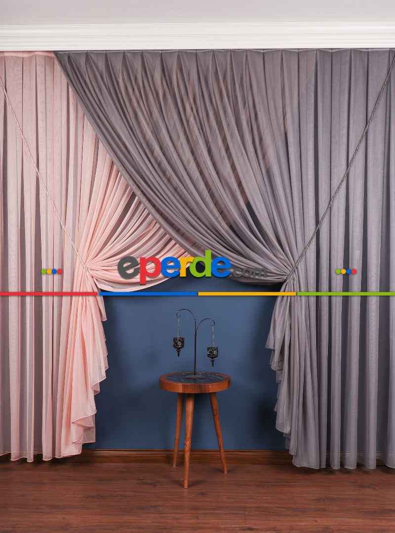 Gri - Pudra Renkli Krevize Düz Tül Perde ( Kordon Hediyeli )