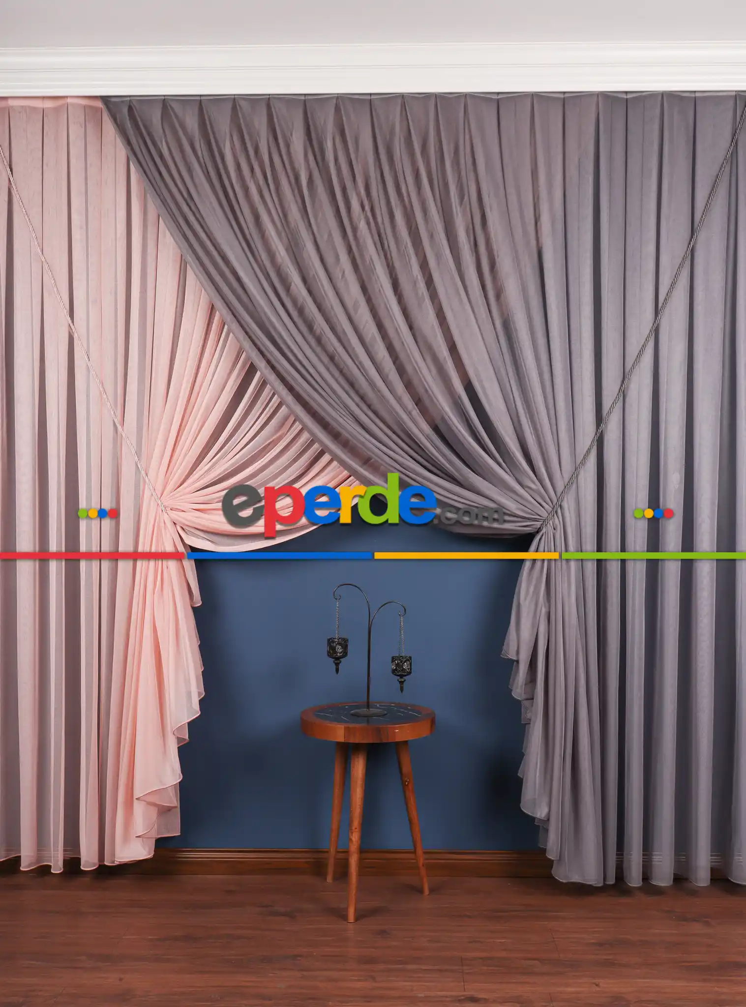 Salon Tül - Gri - Pudra Renkli Krevize Düz Tül Perde ( Kordon Hediyeli )