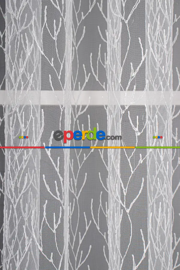 Salon - Kuru Dal Brode Tül Perde - Ekru