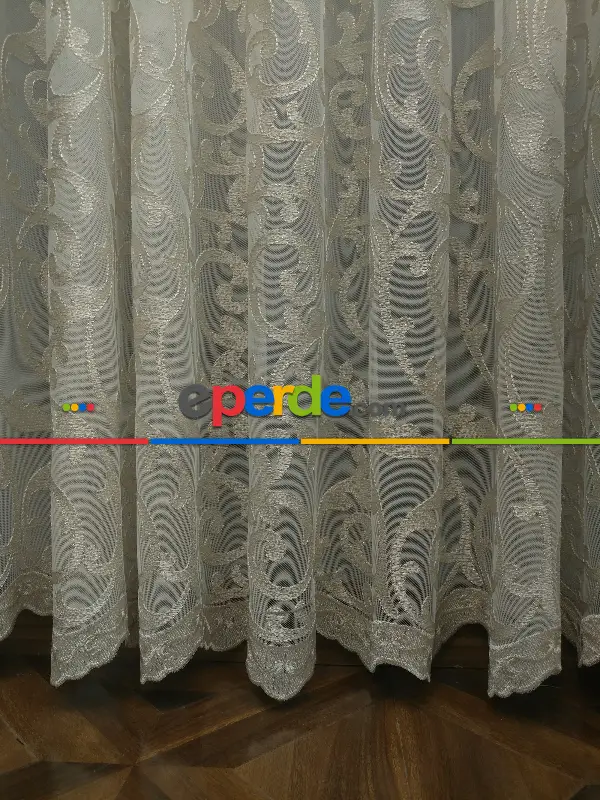 Salon Eteği Duble Nakış İşlemeli Tül Perde Ikon 2021- Krem-Krem Açık