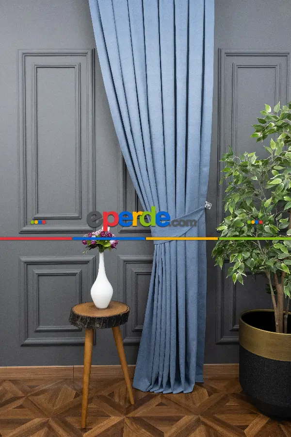 Salon - Mavi Rengi Düz Fon Perde En  Dökümlü Fon Perde