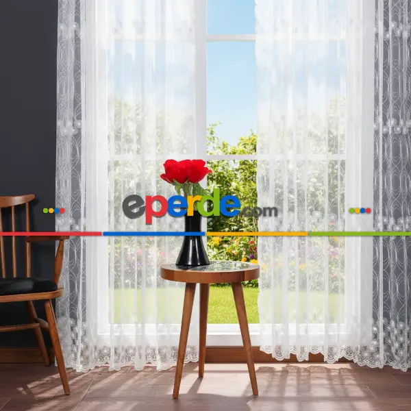 Şeritli Papatya Nakış İşlemeli Brode Tül Perde