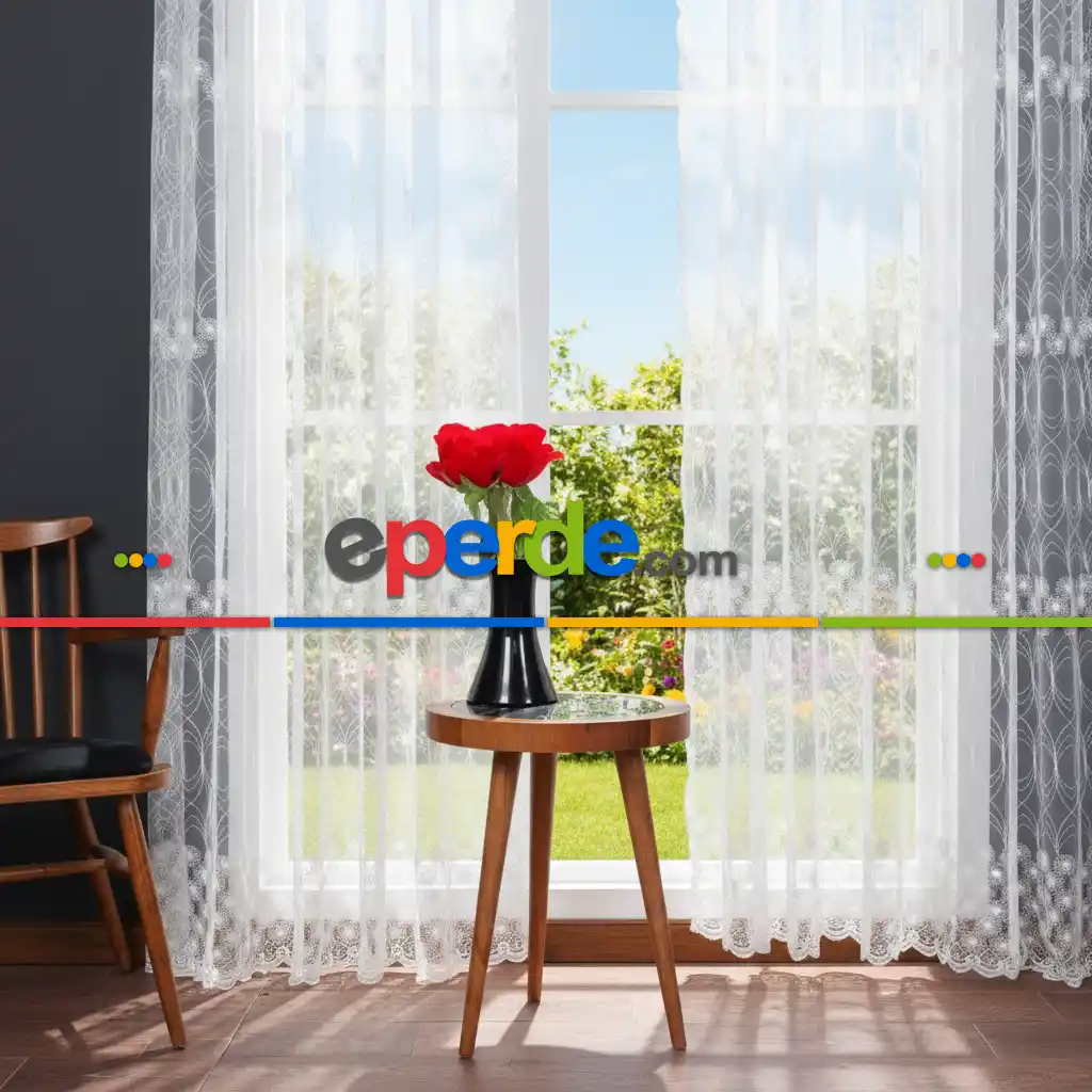 Şeritli Papatya Nakış İşlemeli Brode Tül Perde