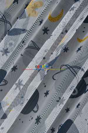 Hazır Ölçülü Petek Zemin Gri Ve Sarı Renkli Gezegenler Desenli Grek Baskılı Tül Perde
