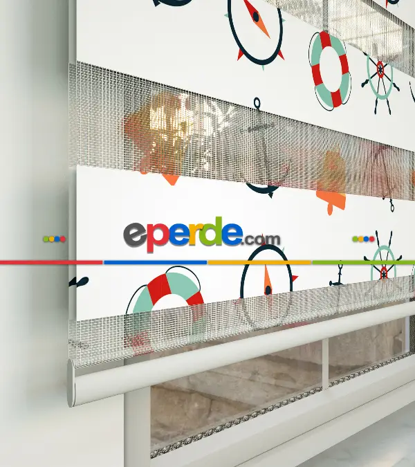 Bebek Odası Zebra Perde - Dümen Baskılı Zebra Perde- Kırmızı-Sarı-Beyaz-Turkuaz-Turuncu