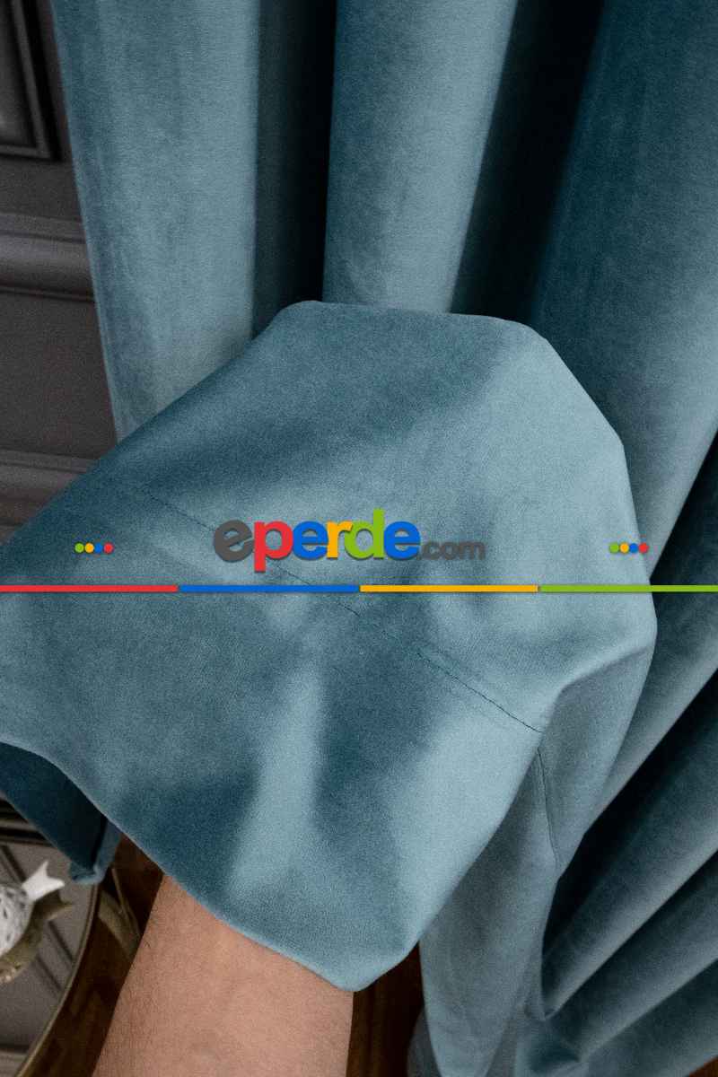 Yatak Odası - İthal Kadife Fon Perdelik Geniş Enli ( Turkuaz)