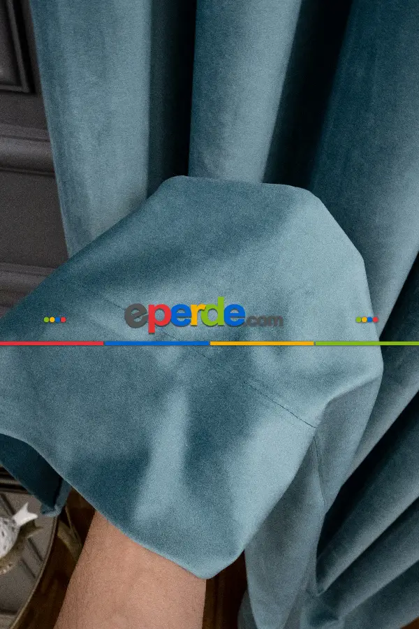 Yatak Odası - İthal Kadife Fon Perdelik Geniş Enli ( Turkuaz)