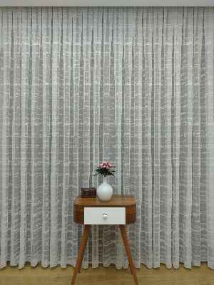 Enine Çizgili Etek Ucu Desenli Tül Perde- Ekru