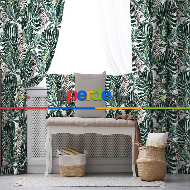 Yapraklı Fon Perde Evim1089 Kumaşı Kalındır Duck Bezi Değildir- Mavi-beyaz