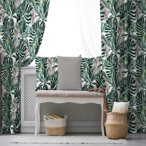 Yapraklı Fon Perde Evim1089 Kumaşı Kalındır Duck Bezi Değildir- Mavi-beyaz