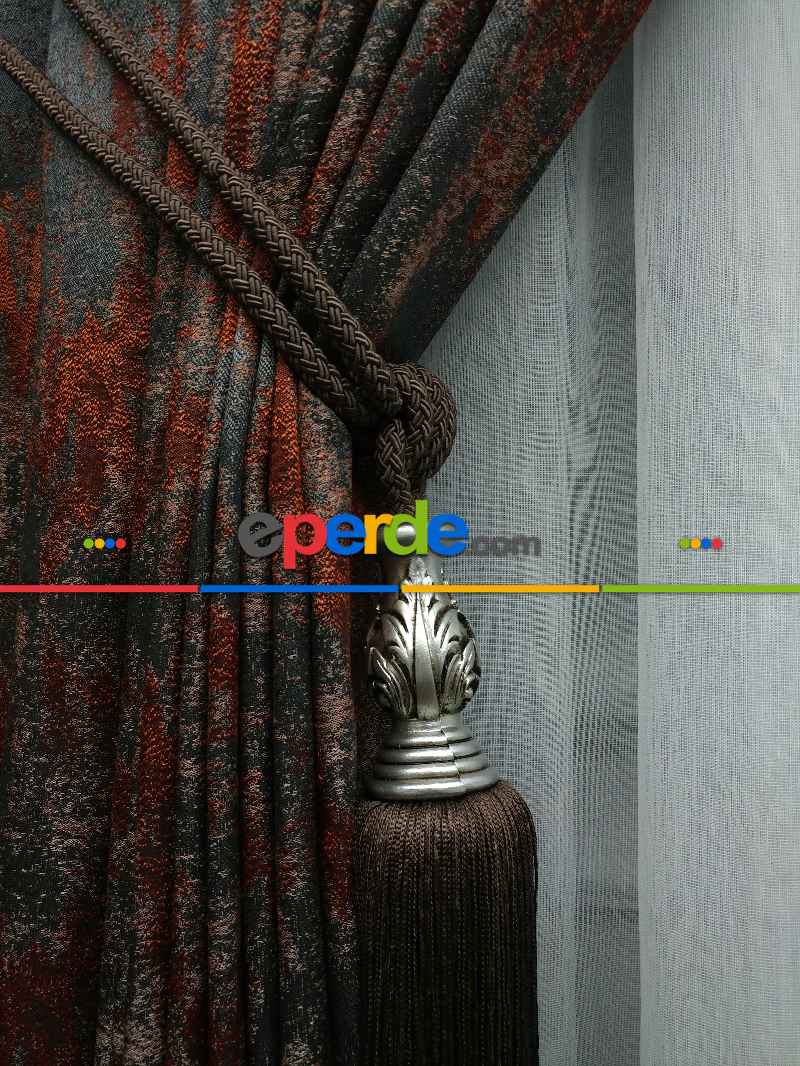 Patinedesenli Antrasit Kremit Jakar Fon Perde (180)- Kiremit Rengi