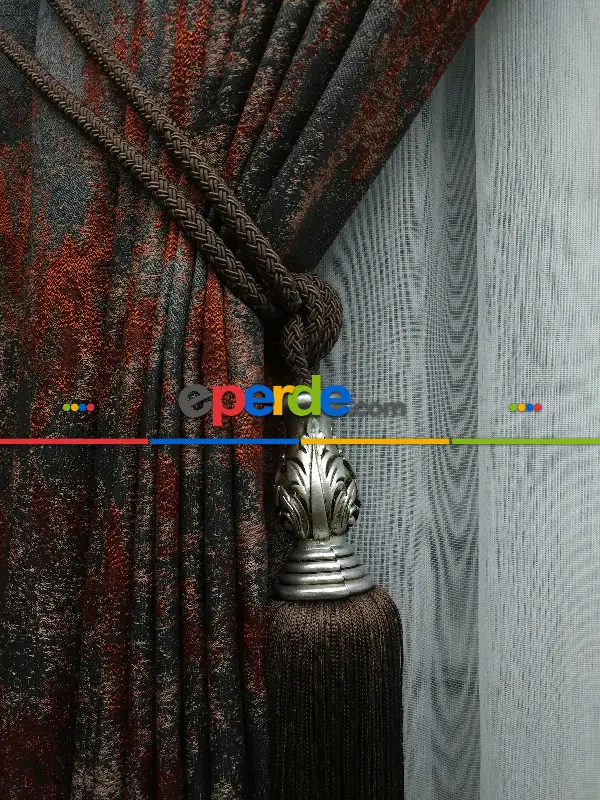 Yatak Odası - PatineDesenli Antrasit Kremit Jakar Fon Perde (180)- Kiremit Rengi