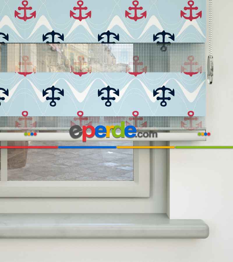 Bebek Odası Zebra Perde - Çapa Desenli Baskılı Zebra Perde- Çok Renkli