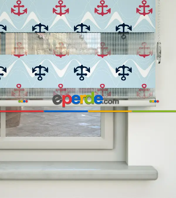 Bebek Odası Zebra Perde - Çapa Desenli Baskılı Zebra Perde- Çok Renkli