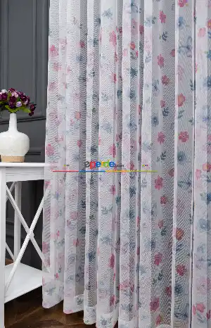 İndirimli Fiyat!! Petek Zemin Pembe Mavi Kelebek Ve Çiçek Desenli Grek Baskılı Sık Pile Tül Perde